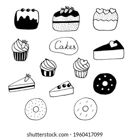 Set of cakes, cupcakes, cakes and donuts, vector illustration, doodle hand drawn