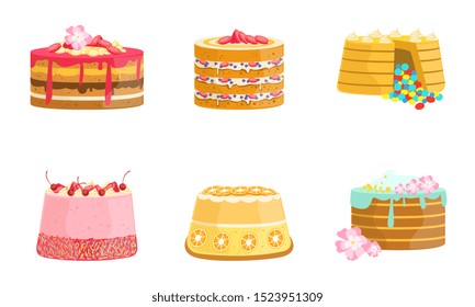 Set of cakes decorated with berries. Vector illustration.