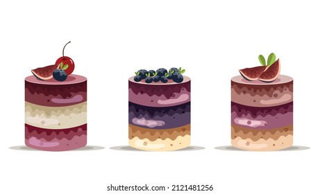 Set with cakes. Dessert. Pie. Pastry. Vector Stock illustration. White background. isolated. Food. Berries and fruits decorate