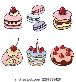 Set of cakes and desserts with colorful