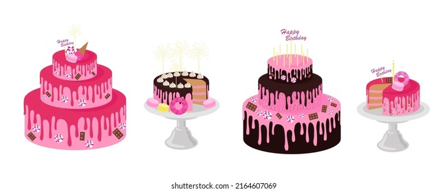 Set of cakes with different filling in cartoon style. Vector illustration of delicious and appetizing homemade cakes of different species for birthdays and weddings.
