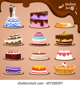 A set of cakes with different tastes on a tray. Vector illustration