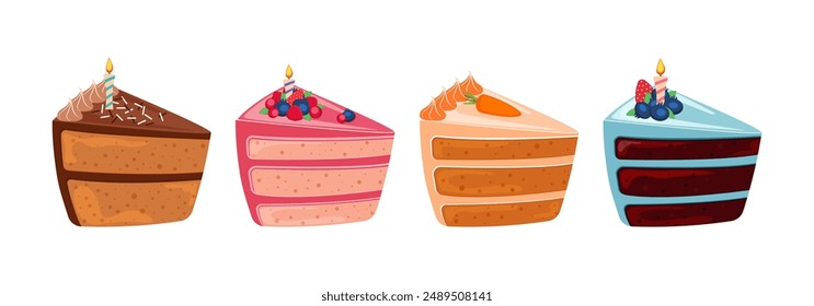 Juego de pasteles. Diferentes sabores pasteles rebanadas aisladas en blanco. Ilustración vectorial de pasteles de cumpleaños