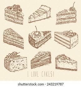 Set of cakes in doodle vintage style. One Color. Hand drawn vector illustration.