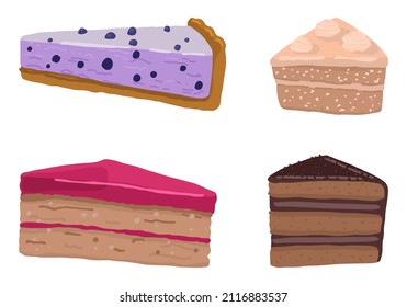 Set of cakes doodles. Collection of sweet food, desserts. Hand drawn vector illustration in flat style. Cartoon cliparts isolated on white background.