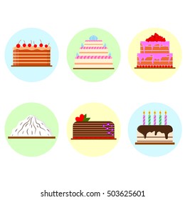 Set of cakes in flat style. Delicious fresh pastries. Icon for cafes, pastry shops, wedding salon. Vector illustration.