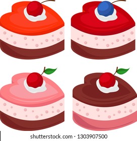 Set of cakes in the form of hearts. Vector illustration on the theme of eating souffle cakes sweets.