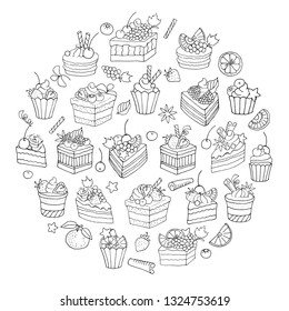 Set of cakes, fruit, berries and sweets. Vector illustration, black and white sketch.