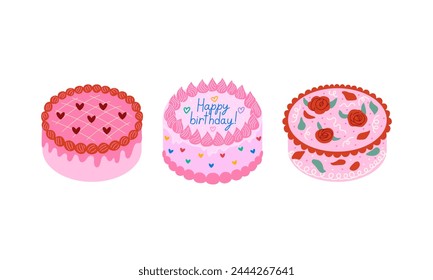 Set of cakes with hearts and roses. Vector flat illustration on isolated background. Holiday birthday bento cakes