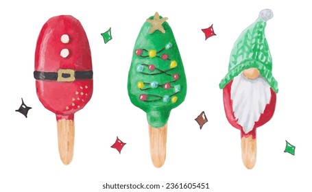 A set of cakes or ice creams for Christmas and New Year. Santa, Christmas tree, Dwarf. For designers, food design, store menu.Set of simple sweet cakesickles.Handmade isolated art.