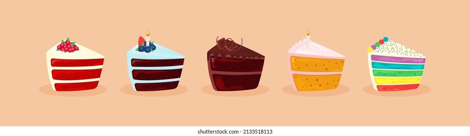 Set of cakes. Illustration of delicious sliced cakes with different filling and decoration. Banner with desserts.