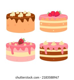 Set of cakes isolated on a white background. Vector illustration of different types of beautiful modern cakes.	