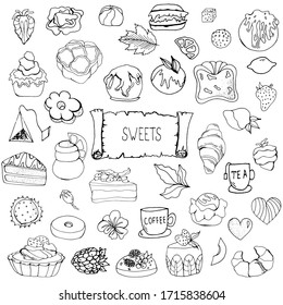 Set with cakes, muffins, cakes, cupcakes.Vector isolated illustration with confectionery products. Set for cafe menu design. Sweet cakes on a white background. Printing on dishes and fabrics. Logo. 
