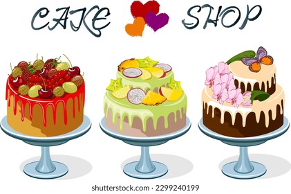 A set of cakes on dishes.Vector illustration with text and a set of beautiful cakes on the dishes.