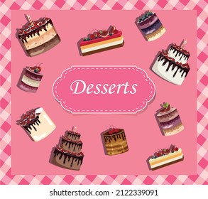 A set of cakes on a pink background. Checkered frame. Vector stock illustration. Cartoon. Food. Cake and pastry. Desserts.