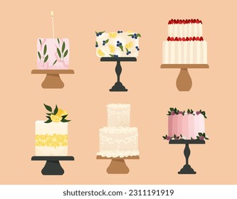 Set of cakes on plates concept. Dessert asnd delicacy for gourmet. Symbol of holidays and festivals. Sweet and tasty food, eating. Cartoon flat vector collection isolated on bwige background