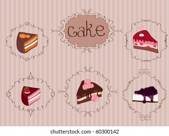 Set of Cakes on Vintage Background with curly frames