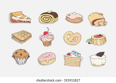 Set of  cakes and other bakery food. Vector illustration, isolated