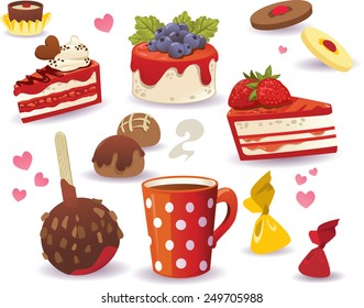 Set of cakes and other sweet food, isolated on white background