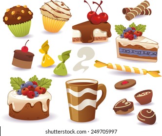 Set of cakes and other sweet food, isolated on white background