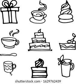 Set cakes pastries sweets coffee cup tea breakfast cake cake vector abstract stylization doodle sketch on a white background
