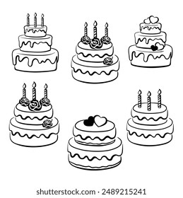 Set of cakes, pies, pastries with candles birthday. Line art. Monochrome black illustration