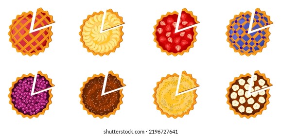 A set of cakes and pies.Fresh pastries top view with different flavors and fillings.Vector illustration.