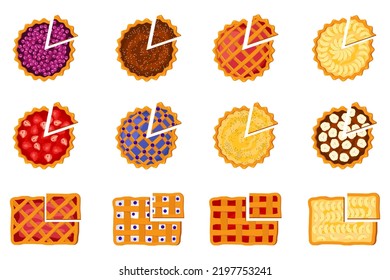 A set of cakes and pies.Fresh pastries top view with different flavors and fillings.Vector illustration.