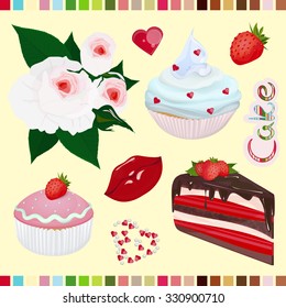 Set of cakes and roses.