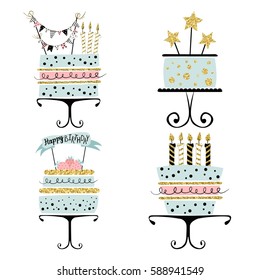 Set of cakes in scandinavian style. Hand drawn vector illustration. 