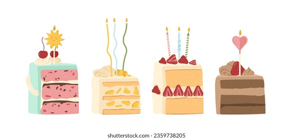 Set of cakes slices with candles concept. Dessert and delicacy. Bakery and pastry food, homemade sweet eating. Holiday and festival. Cartoon flat vector collection isolated on white background