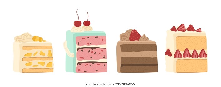 Set of cakes slices concept. Dessert and delicacy. Sweet food, bakery and homemade products with cherry and strawberry. Cartoon flat vector collection isolated on white background