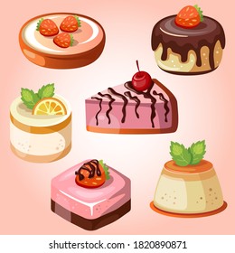 Set of cakes and slices with different flavors. Collection of cake pieces with chocolate, cream, topping, fruit.