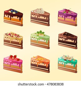 Set of cakes and slices with different flavors. Collection of cake pieces with chocolate, cream, topping, fruit, nuts and berries.   