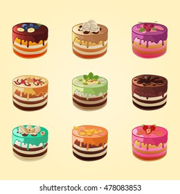 Set of cakes and slices with different flavors. Collection of cake pieces with chocolate, cream, topping, fruit, nuts and berries.   