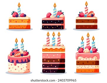 Set of cakes slices pieces with candles isolated on white. Set of cakes. A piece of birthday cake with a candles, pink icing and fruits. Happy birthday card design element.