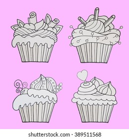 set of cakes in the style of a sketch