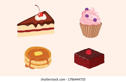 set cakes and sweets dessert.cupcake with pancake and brownies vector illustration