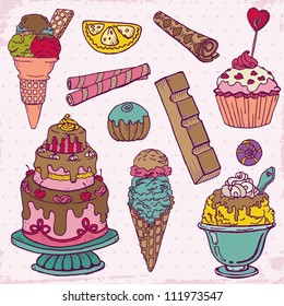 Set aus Kuchen, Süßspeisen und Desserts - handgezeichnet in Vektorgrafik