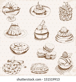 Set of Cakes, Sweets and Desserts - hand drawn in vector