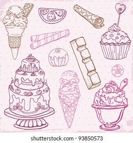 Set of Cakes, Sweets and Desserts - hand drawn in vector