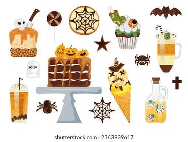 Pasteles, dulces, donuts, helados, dulces, toffee, Halloween y lujosos elementos de Halloween. Postres espeluznantes: fantasmas, calabazas, huesos, cráneos, murciélagos y arañas están decorados. Ilustración vectorial.