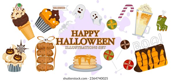 Pasteles, dulces, donuts, helados, dulces, toffee, Halloween y lujosos elementos de Halloween. Postres espeluznantes: fantasmas, calabazas, huesos, cráneos, murciélagos y arañas están decorados. Ilustración vectorial.