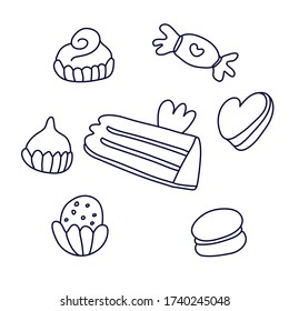 Juego de pasteles y dulces al estilo de doodle. Ilustración vectorial dibujada a mano en tinta negra aislada en fondo blanco.  Ideal para colorear un libro.