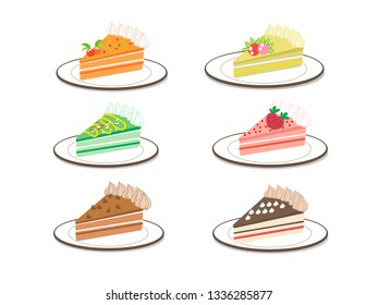Set cakes that cut into pieces and place on a white plate. Vector images used for illustrations, clip art, stickers and food articles.