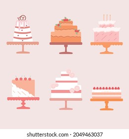 Set cakes.Cute cake illustrations.Vector illustration.A concept for birthday, postcards, covers, holidays.