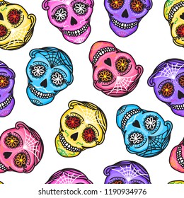 Set Calavera sign Dia de los muertos. Seamless pattern. Mexican Day of the dead. Vector hand darwing illustration woman and man isolated on white background