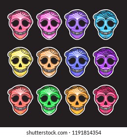 Set Calavera sign Dia de los muertos. Mexican Day of the dead. Vector hand drawing illustration man isolated on dark background