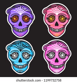 Set Calavera sign Dia de los muertos. Mexican Day of the dead. Vector hand drawing illustration man isolated on dark background. Pink purple blue color