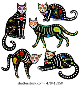 Set of calavera sugar skull black cats in mexican style for holiday the Day of the Dead, Dia de Muertos